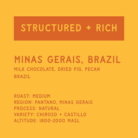 Text on a yellow background describing coffee from Minas Gerais, Brazil with details about roast, region, process, variety, altitude, and flavor profile.
